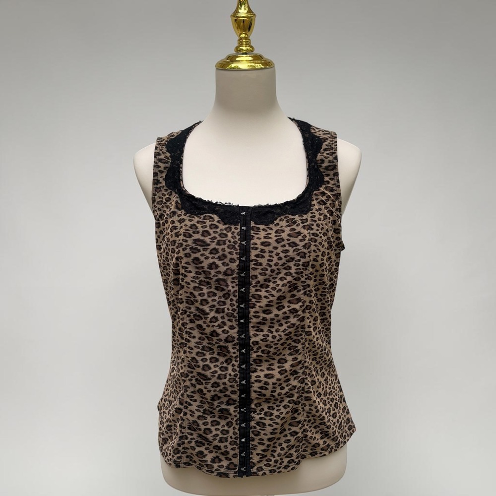 VTG Venezia Leopard Corset Top 14/16 Brown Lace Hook Eye Y2K Indie Sleaze Grunge